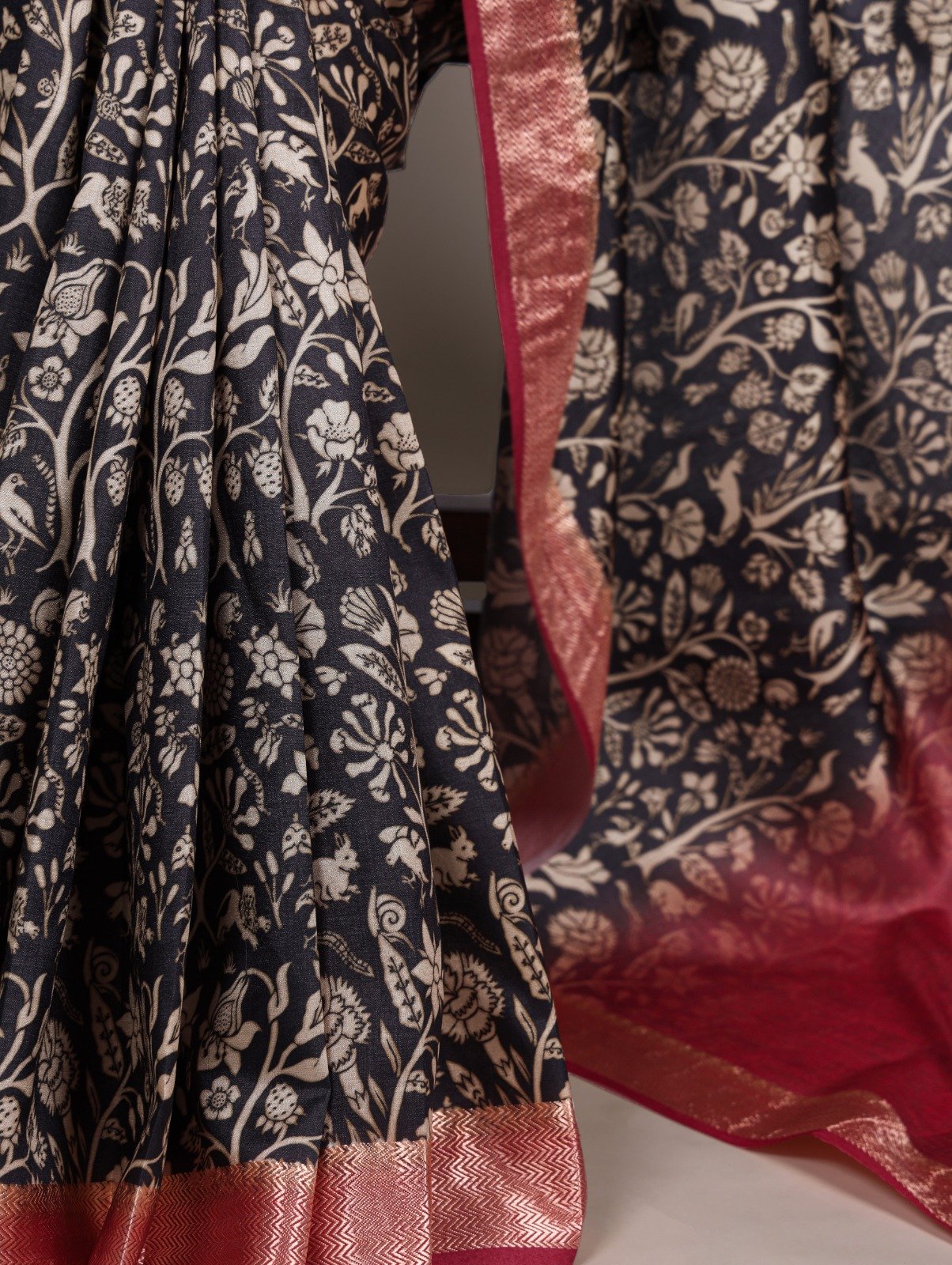 Black Tasar Silk With Printed Viscose Border Saree - Image 3