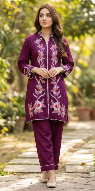 Wine Rayon With Embroidery Work Kurti