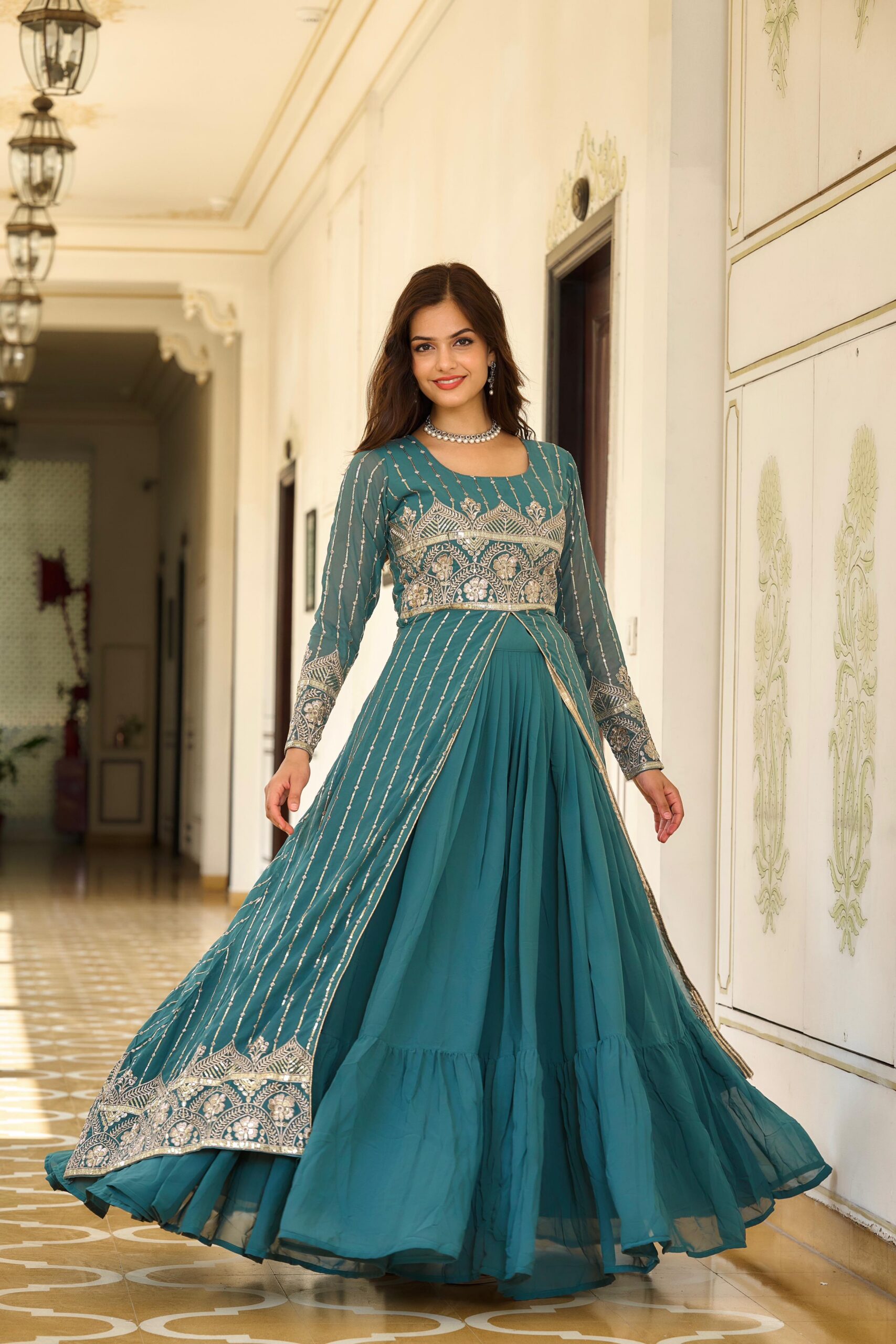 Teal Fox Georgette Embroidery Work Lehenga Choli - Image 2