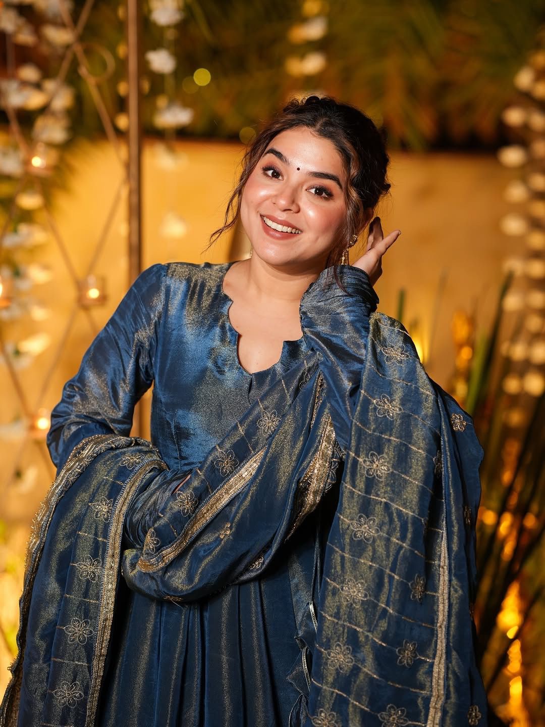 Blue Cosmos Silk Lace Embroidery Work Gown - Image 2