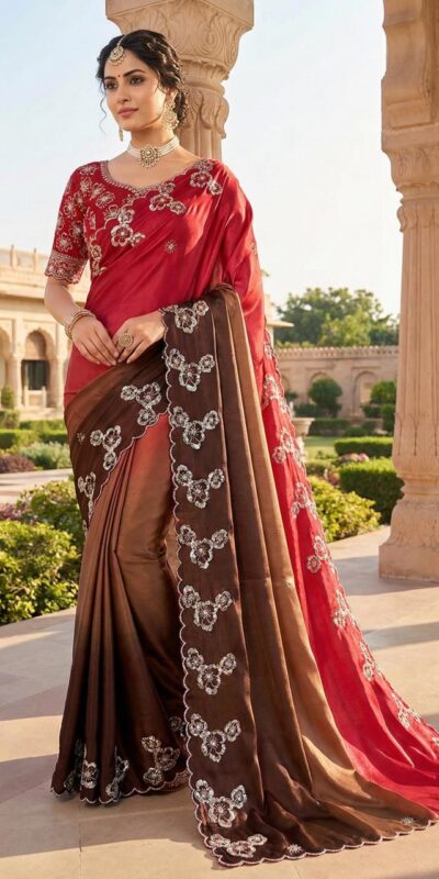 Red Chinon Embroidery Work Saree