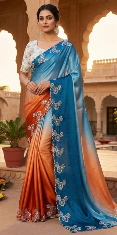 Orange Chinon Embroidery Work Saree