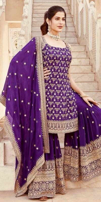 Purple Faux Georgette thread Lace Work Salwar Suit