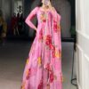 Pink Chiffon Floral Print Lace Work Gown