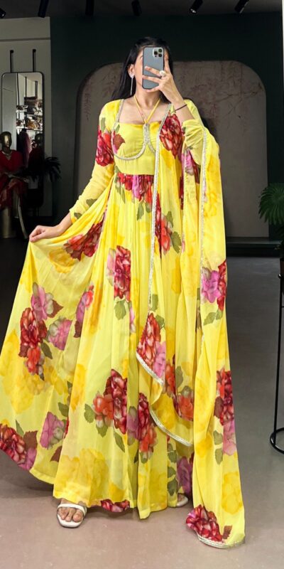 Yellow Chiffon Floral Print Lace Work Gown
