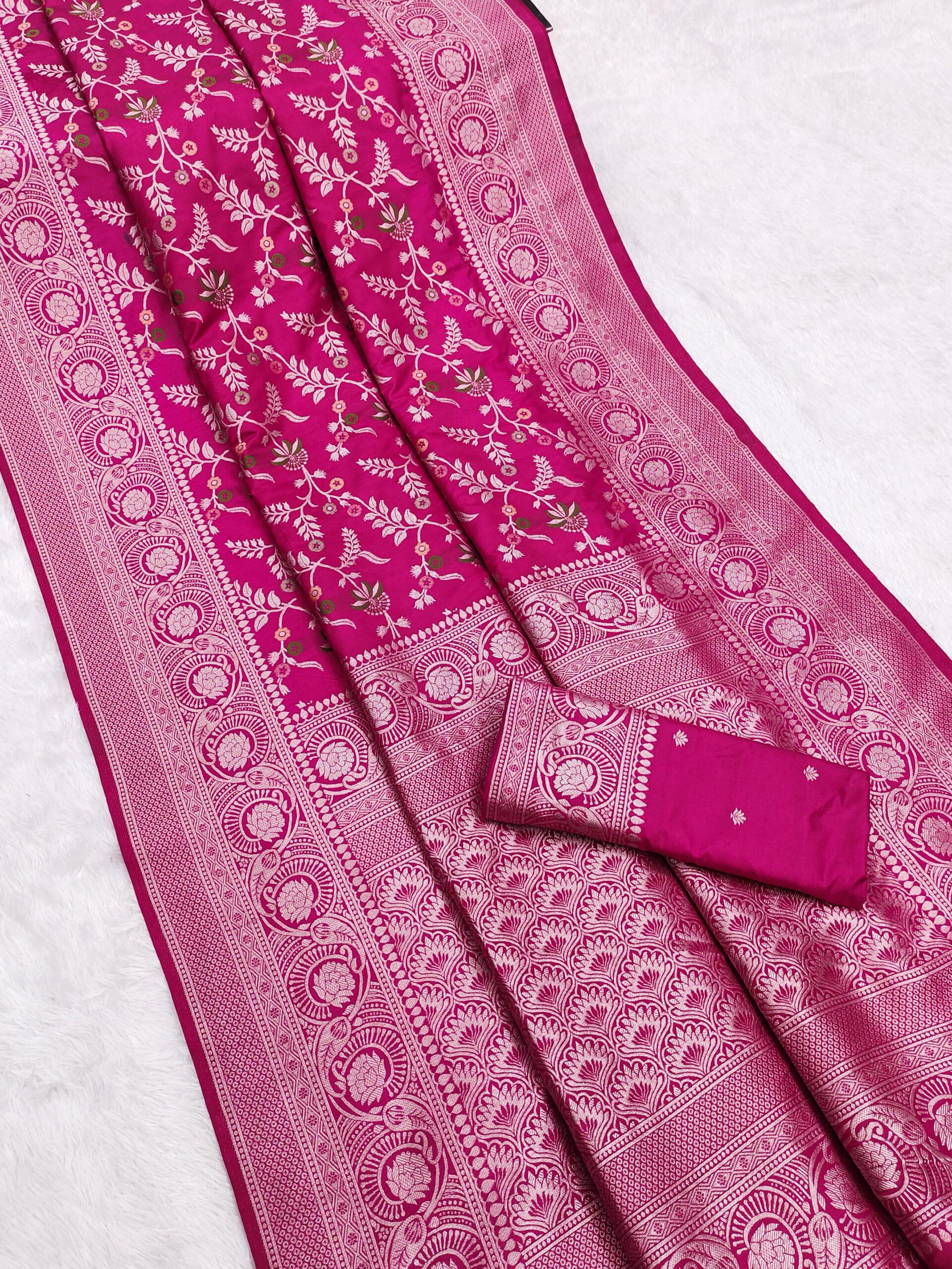 Pink Khaddi Pashmina Floral Print Zari Work Saree