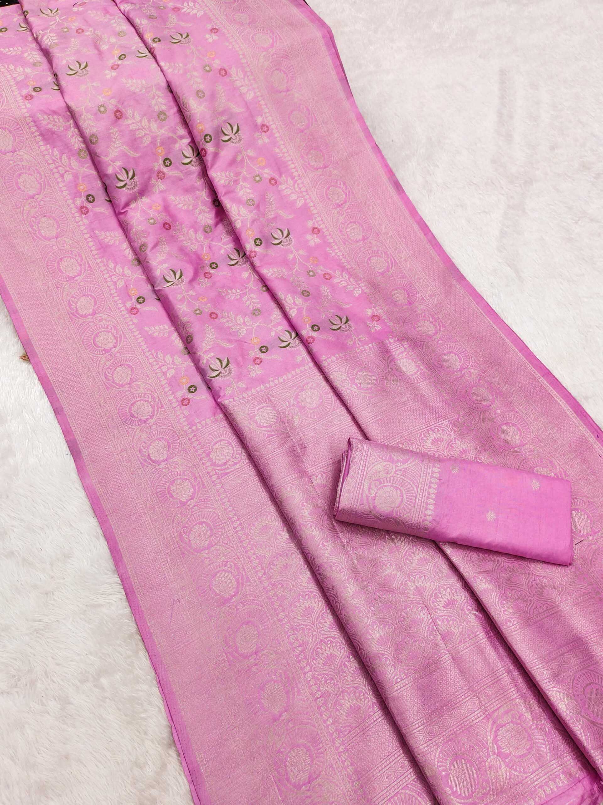 Light Pink Khaddi Pashmina Floral Print Zari Work Saree