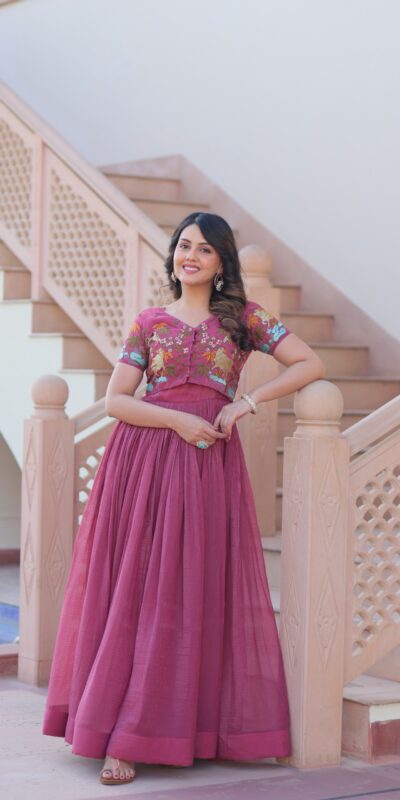 Onion Silver Crunchy Embroidery Work Gown