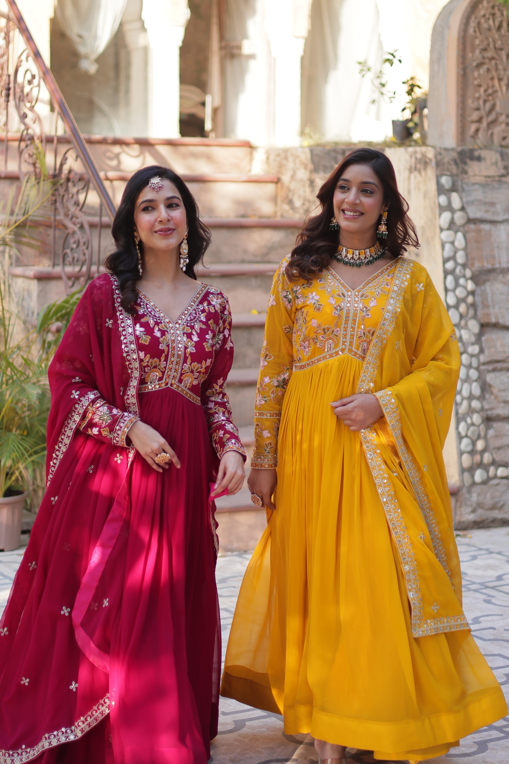 Yellow Faux Blooming Embroidery Zari Work Gown - Image 2