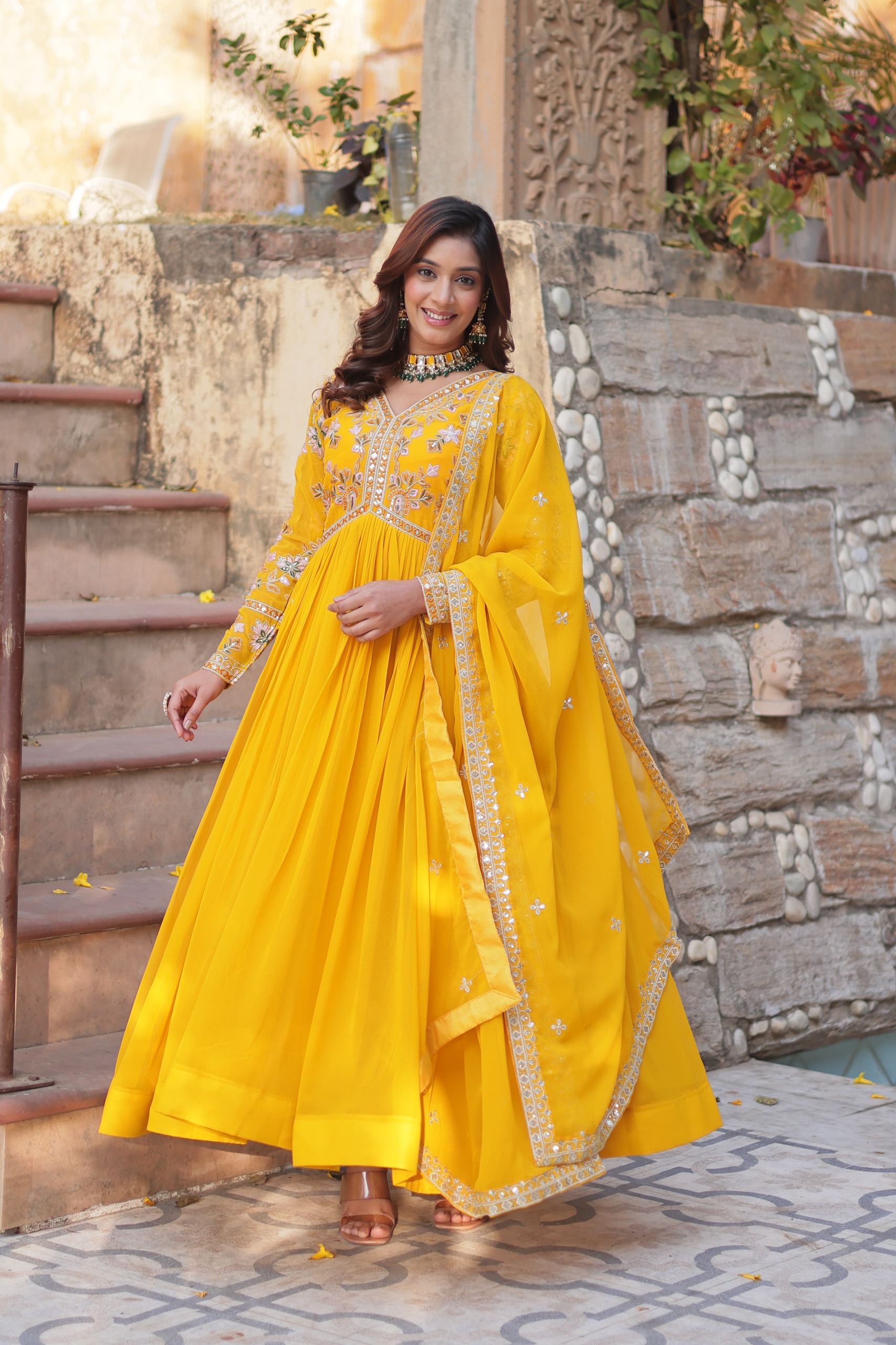 Yellow Faux Blooming Embroidery Zari Work Gown
