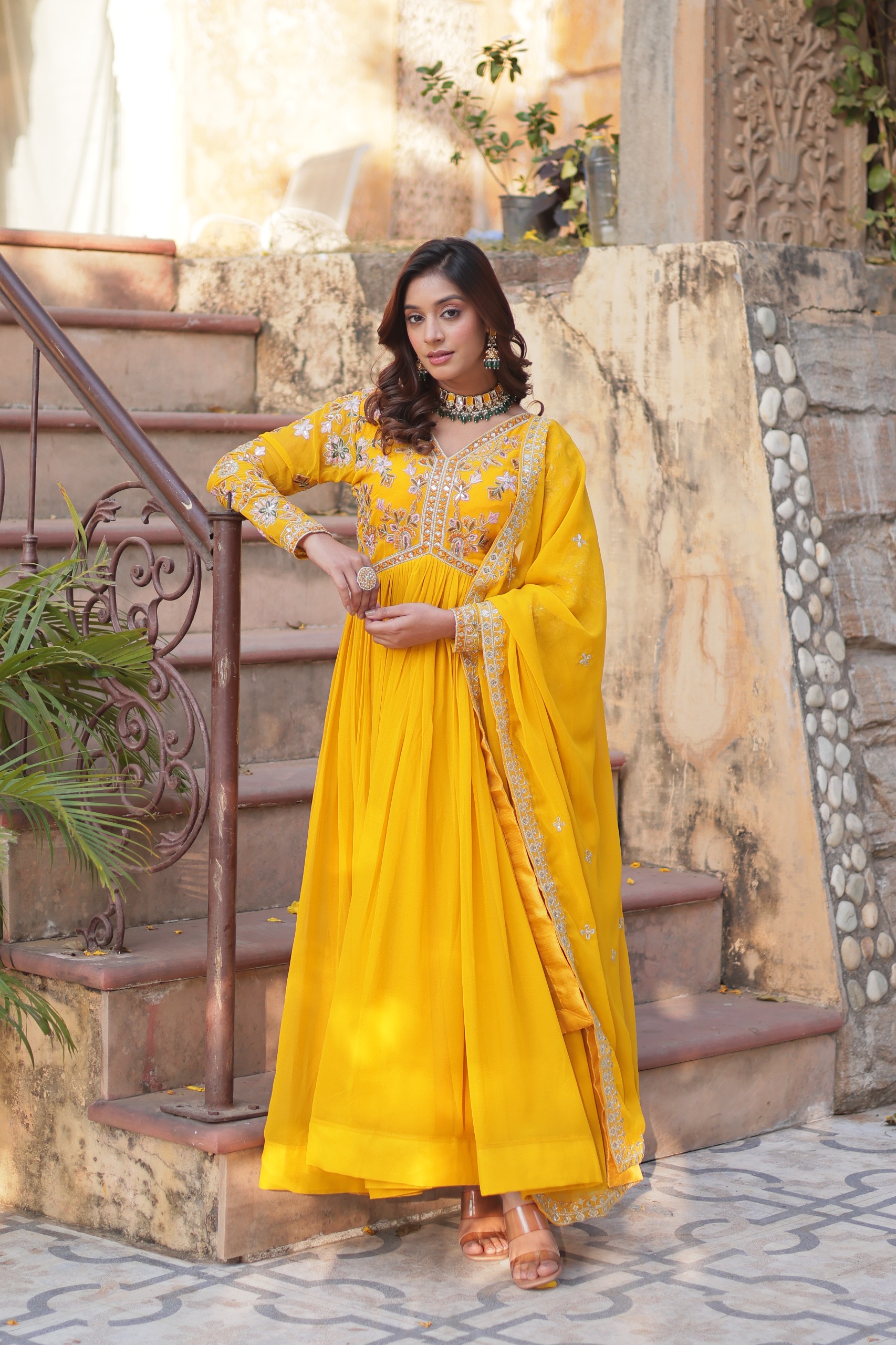 Yellow Faux Blooming Embroidery Zari Work Gown - Image 4