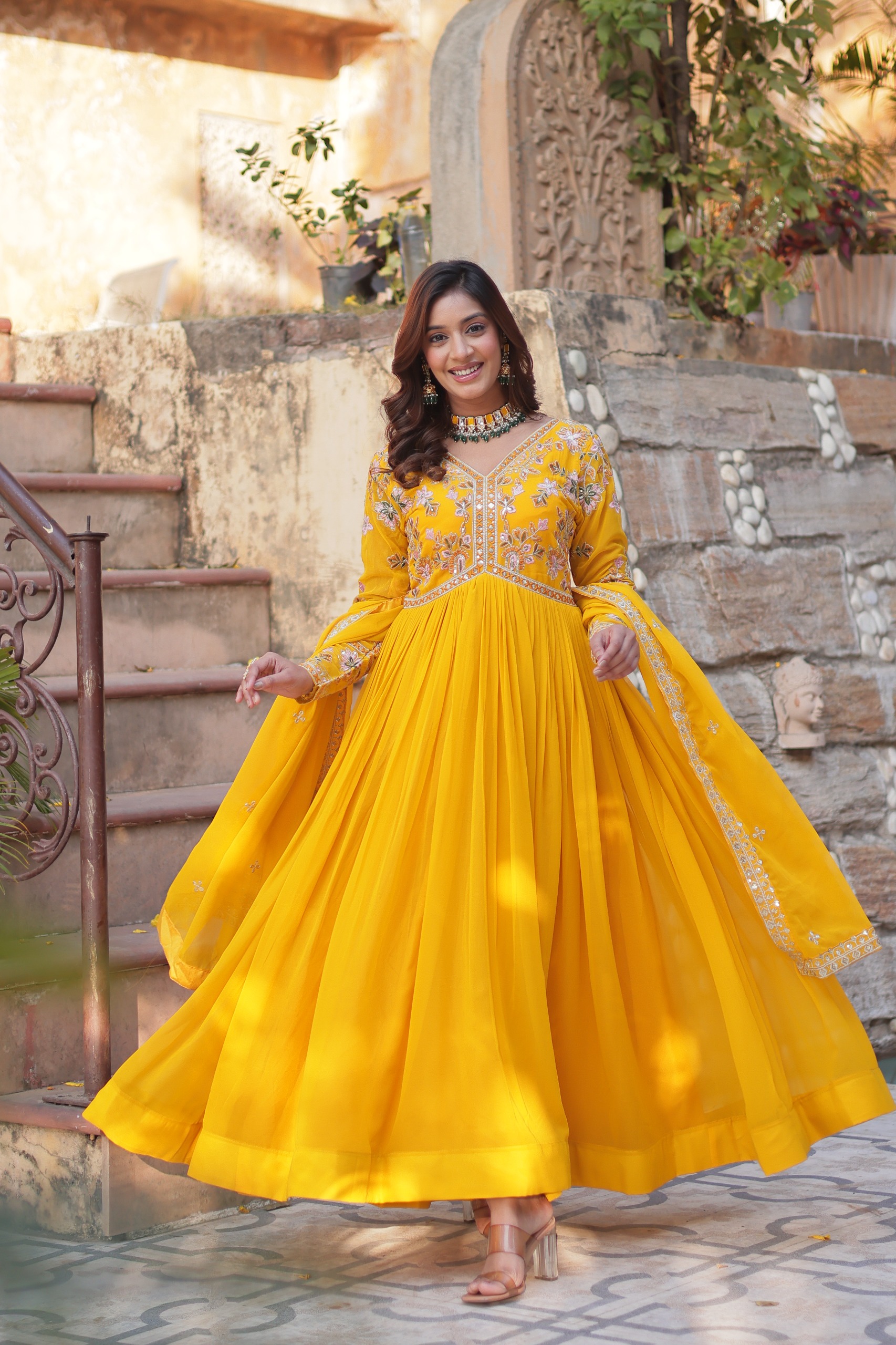 Yellow Faux Blooming Embroidery Zari Work Gown - Image 6