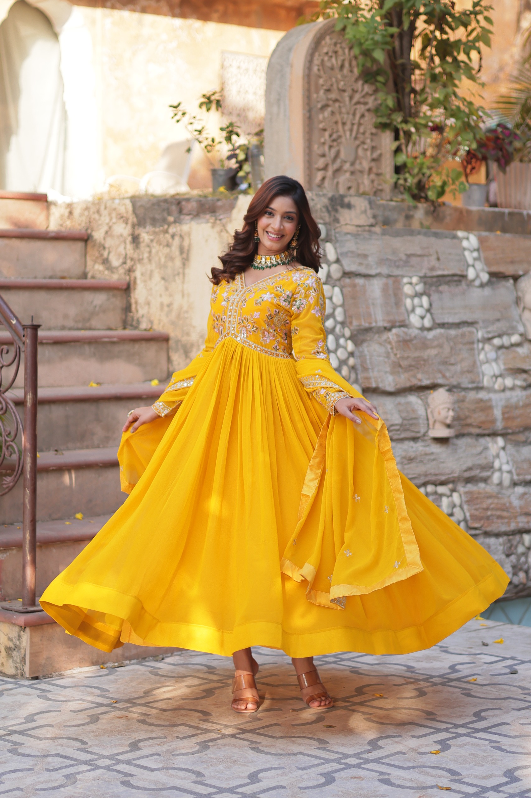 Yellow Faux Blooming Embroidery Zari Work Gown - Image 7