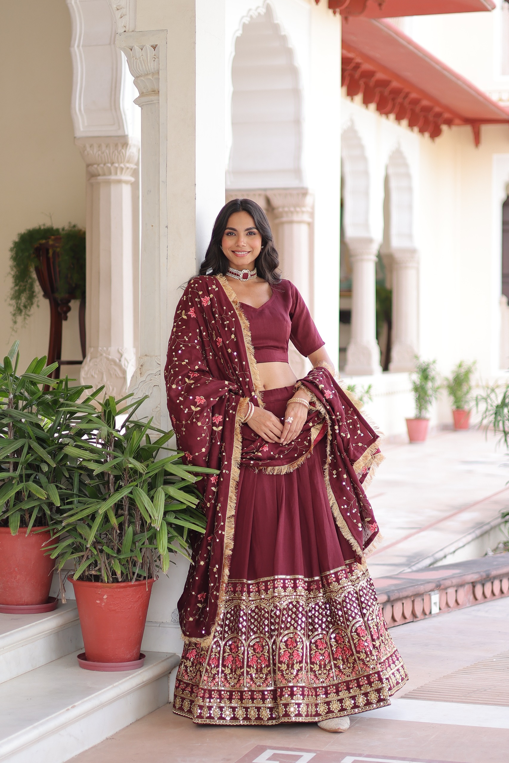 Maroon Vichitra Silk With Embroider Lehenga Choli - Image 5