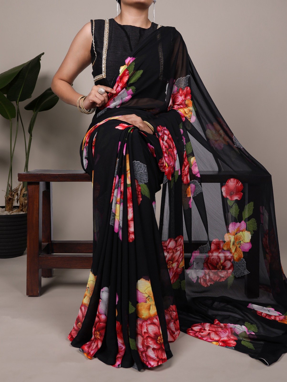 Black Chiffon Lace Work Saree