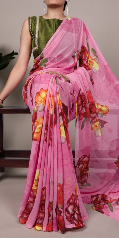 Pink Chiffon Lace Work Saree