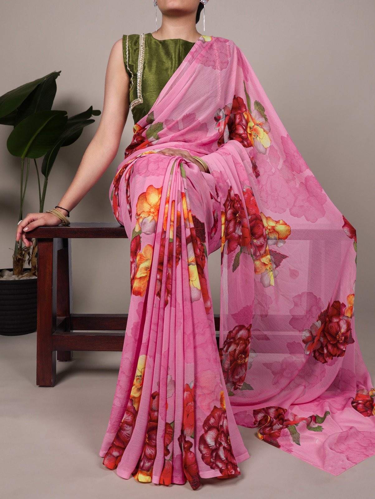 Pink Chiffon Lace Work Saree