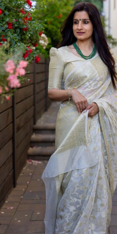 White Soft Lichi Silk Jacquard Saree