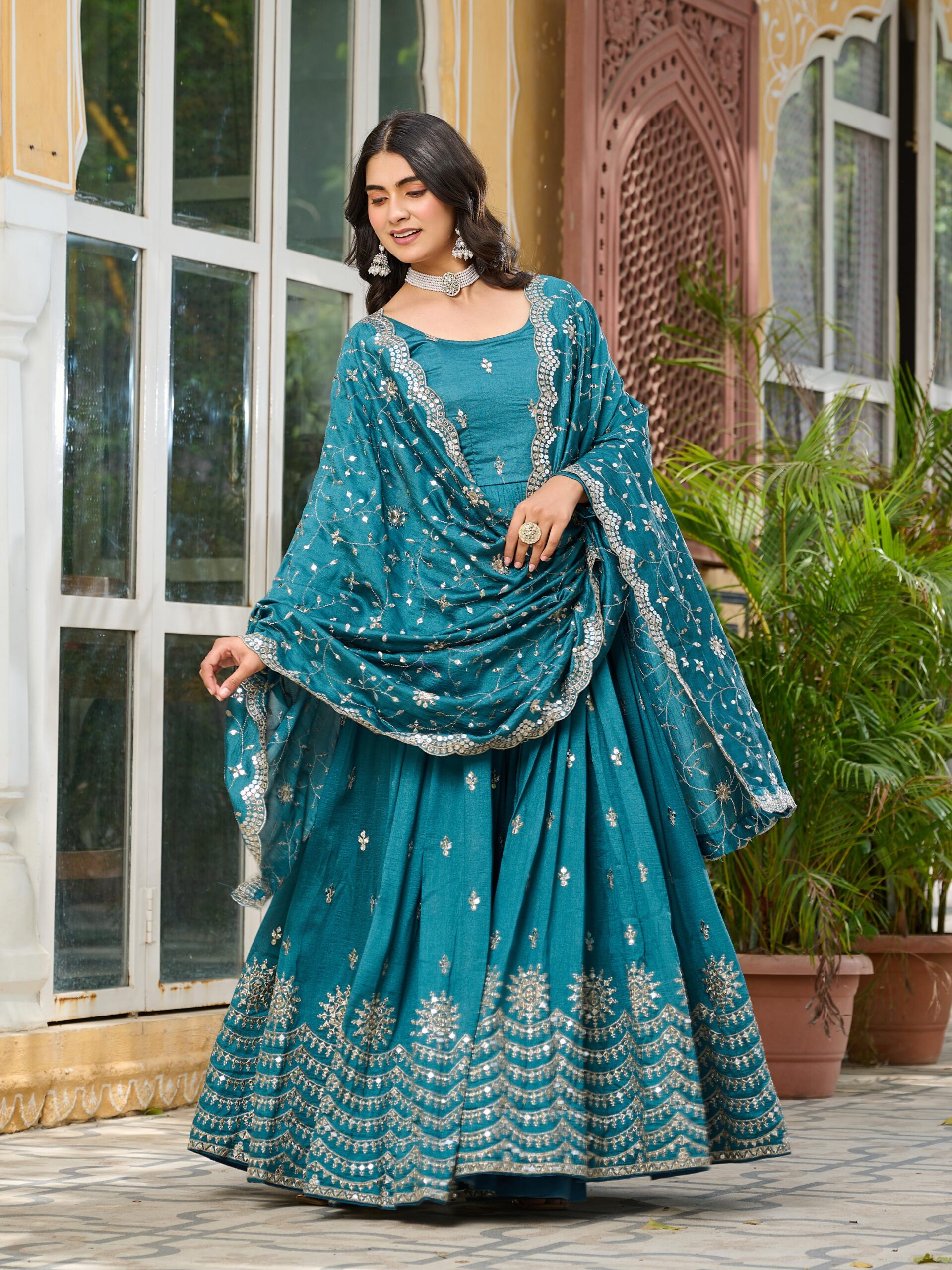 Blue Vichitra Silk Embroidery Work Gown - Image 4
