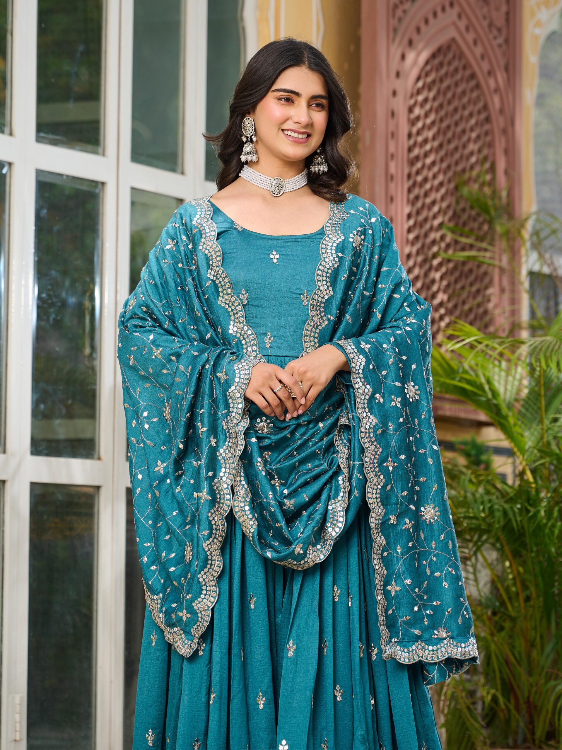 Blue Vichitra Silk Embroidery Work Gown