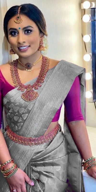 Grey Soft Lichi Silk Rich Pallu Lace Work Border Saree