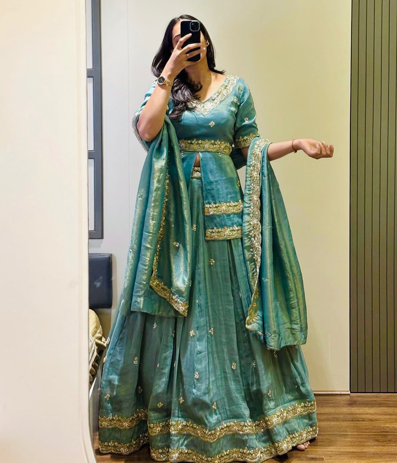 Sea Green Chinon Silk Cut Work Lehenga Choli