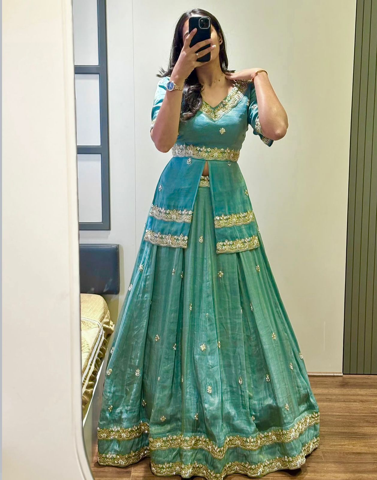 Sea Green Chinon Silk Cut Work Lehenga Choli - Image 3