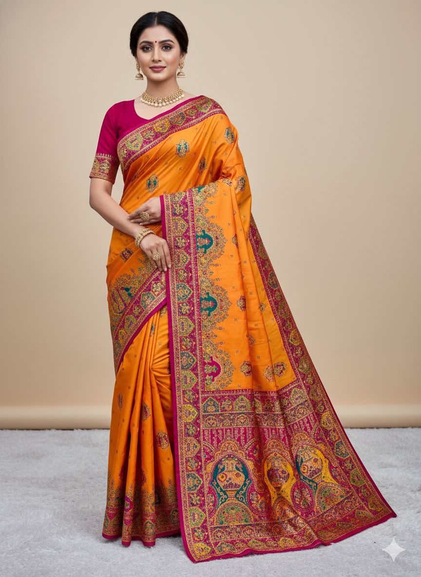 Yellow Paithani Silk Border Lace Work Saree