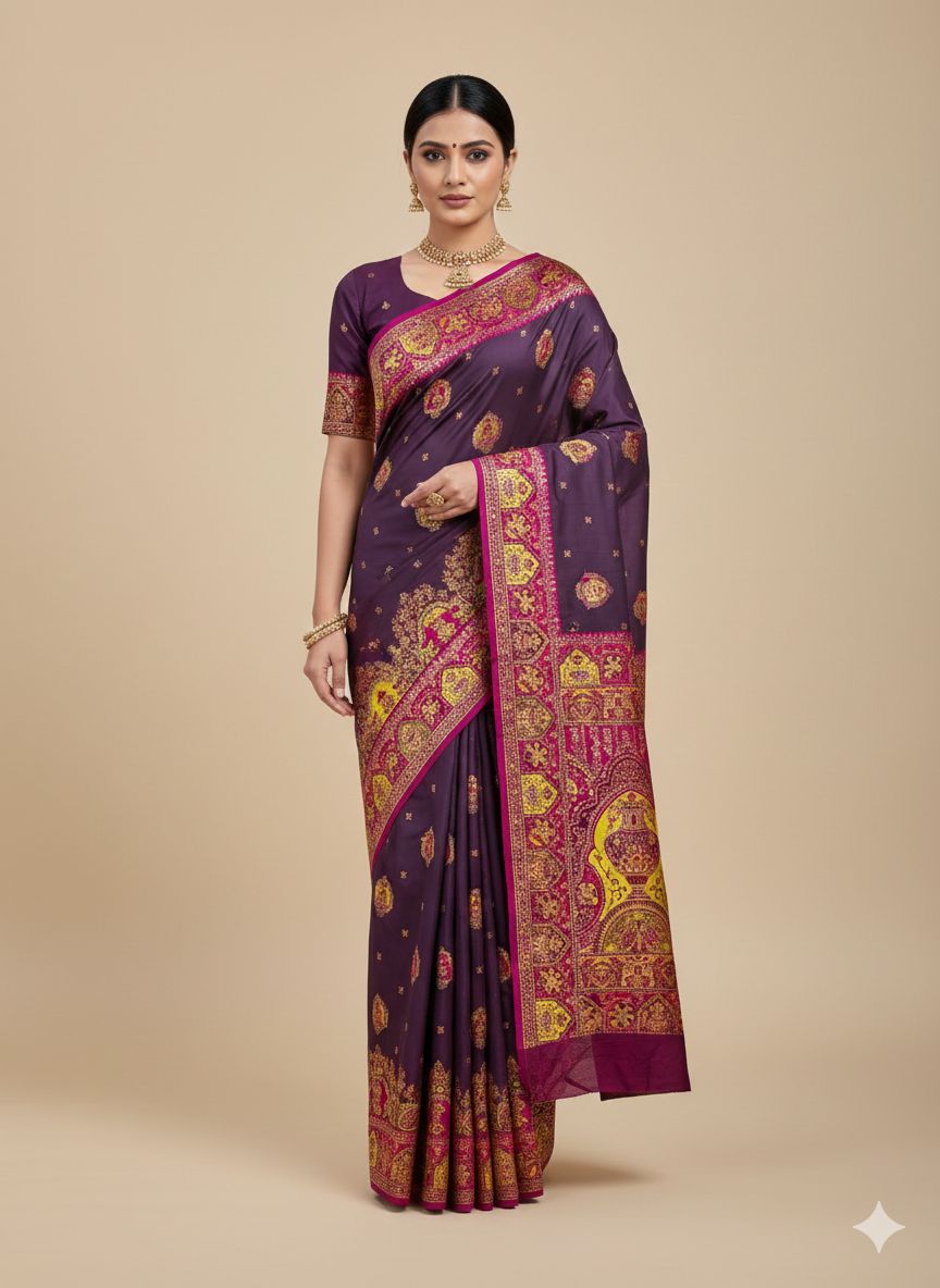 Wine Paithani Silk Border Lace Work Saree