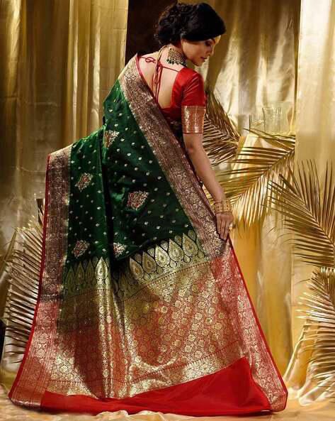 Green Soft Lichi Silk Border Work Saree - Image 2