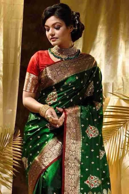 Green Soft Lichi Silk Border Work Saree - Image 3