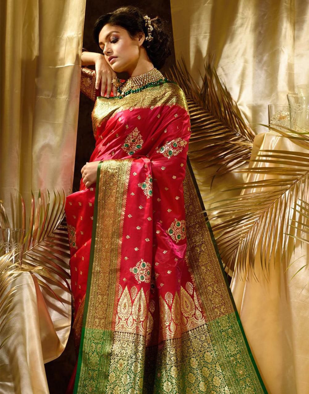 Red Soft Lichi Silk Border Work Saree - Image 3