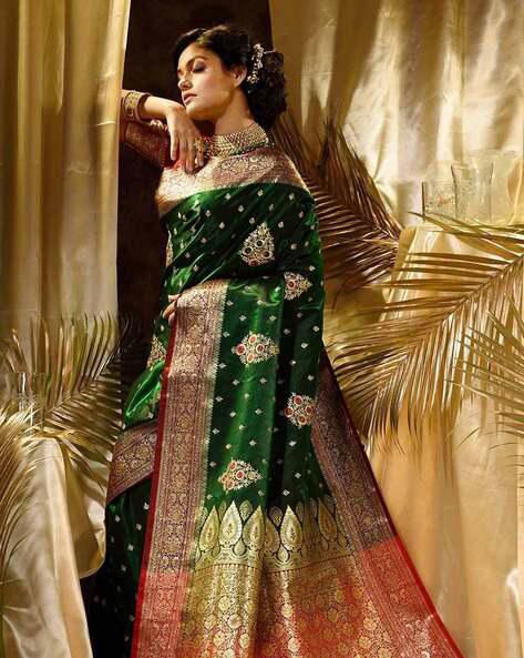 Green Soft Lichi Silk Border Work Saree - Image 6