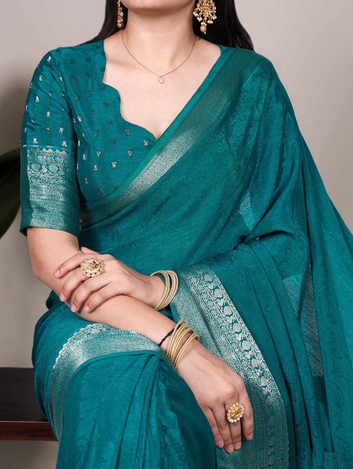 Teal Chinon Zari Weaving Work Saree - Image 2