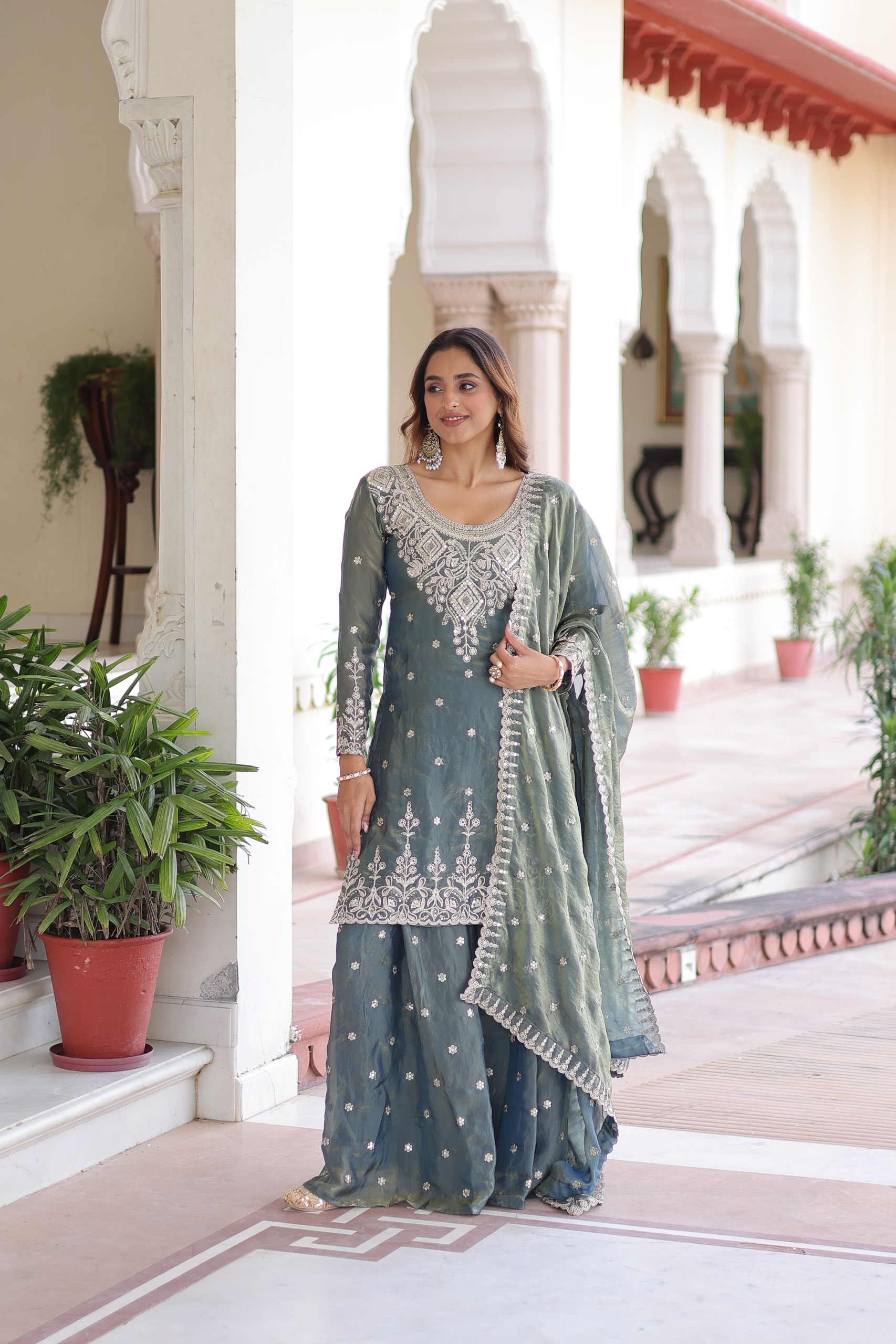 Grey Fandy Silk Sequins Embroidery Work Salwar Suit - Image 4