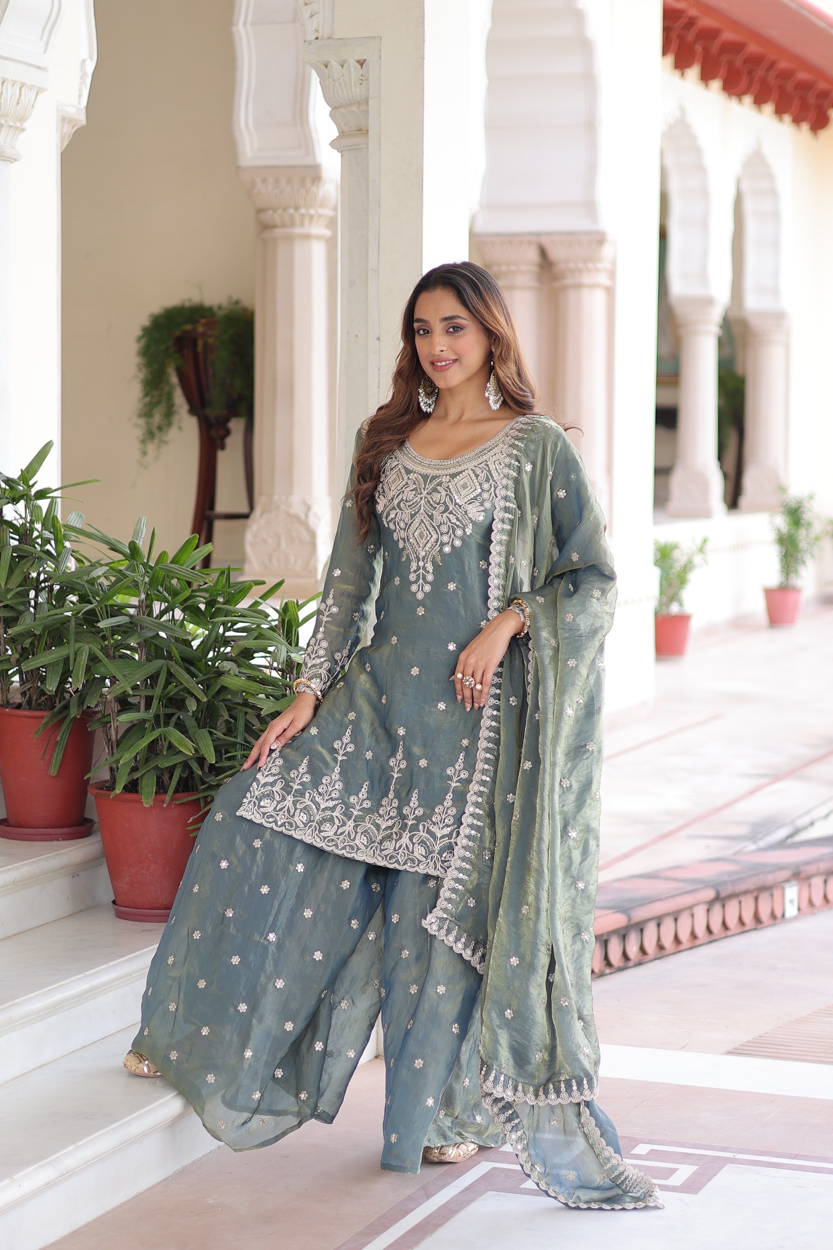 Grey Fandy Silk Sequins Embroidery Work Salwar Suit - Image 5