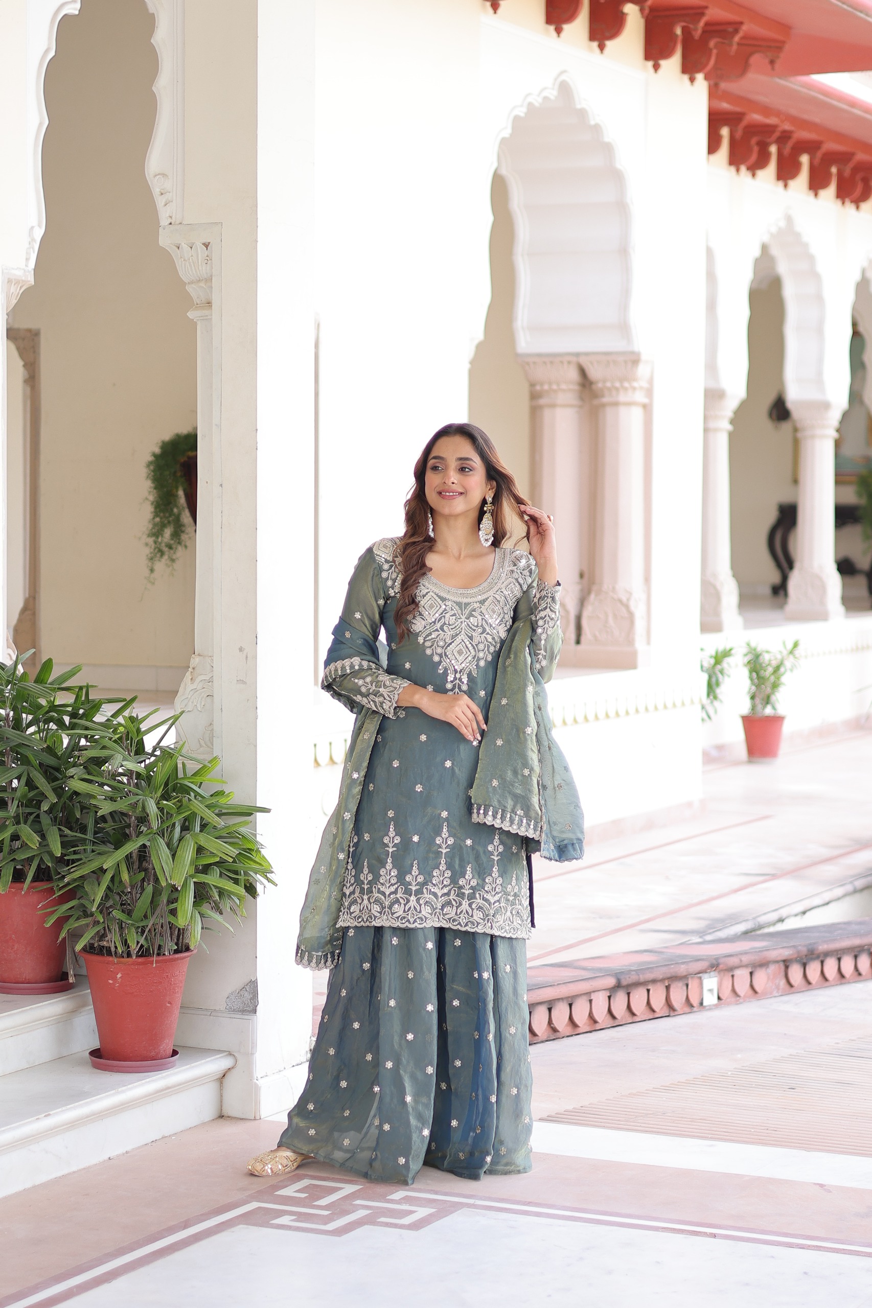 Grey Fandy Silk Sequins Embroidery Work Salwar Suit - Image 6