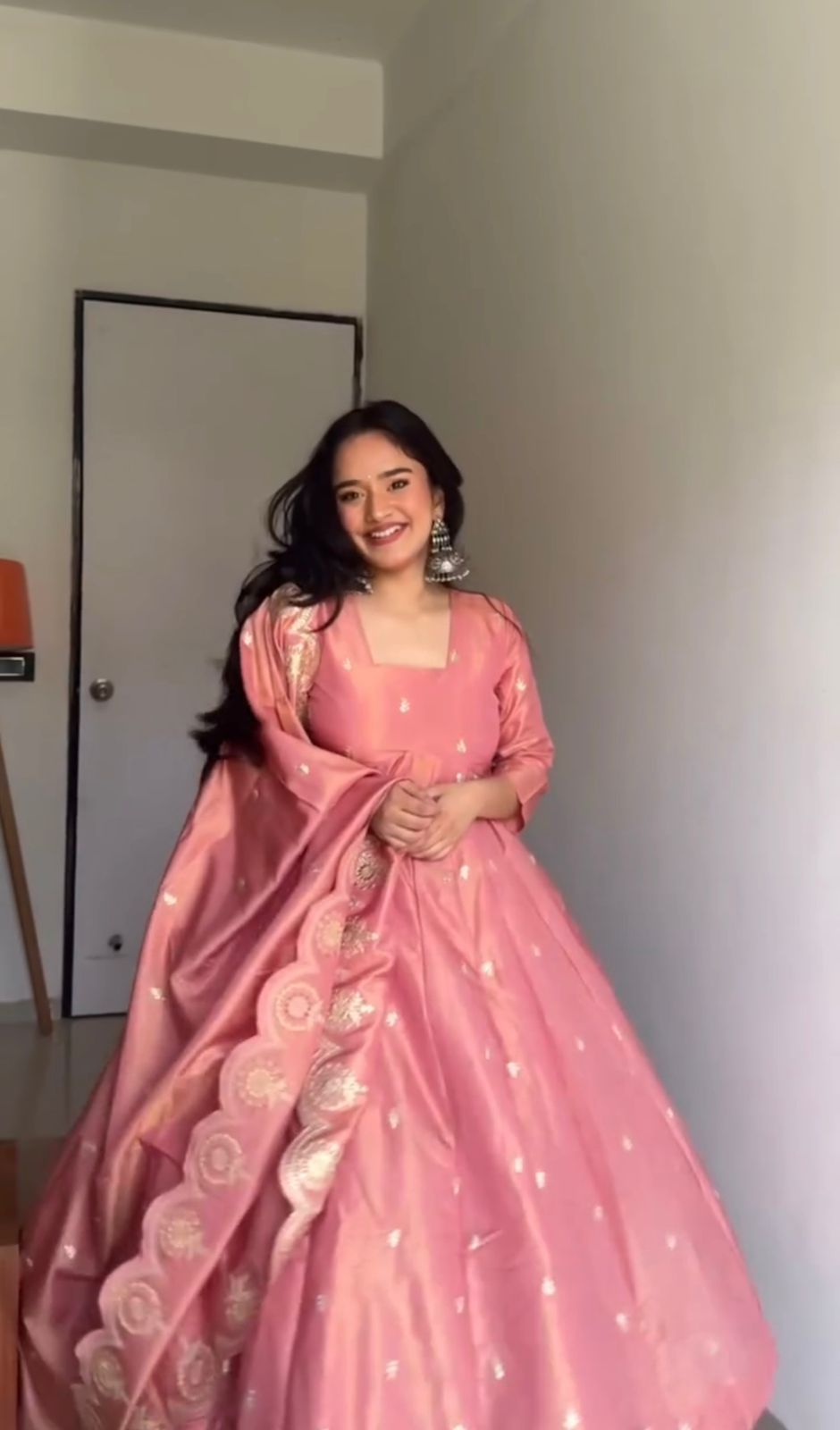 Peach Gold Crush Silk Embroidery Work Gown - Image 2