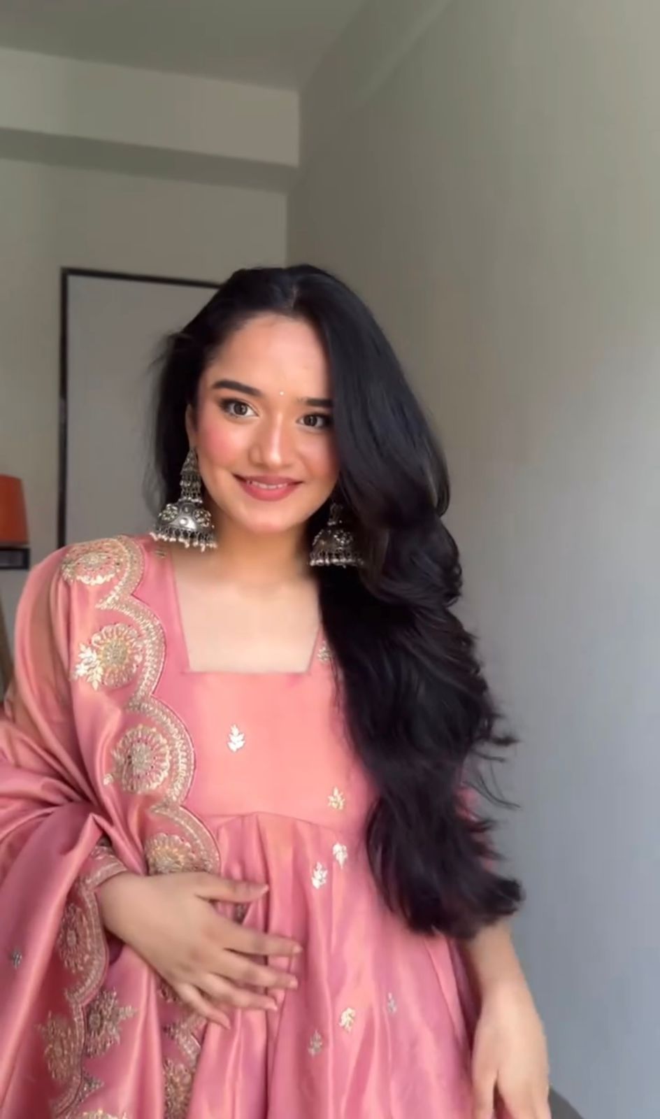 Peach Gold Crush Silk Embroidery Work Gown - Image 3