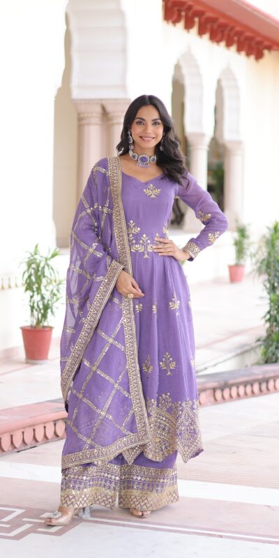 Lavender Silver Crunchy Sequins Work Embroidery Gown