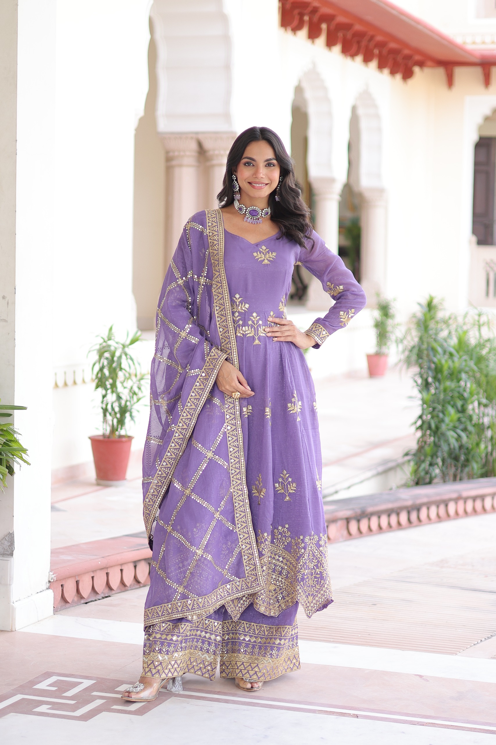 Lavender Silver Crunchy Sequins Work Embroidery Gown