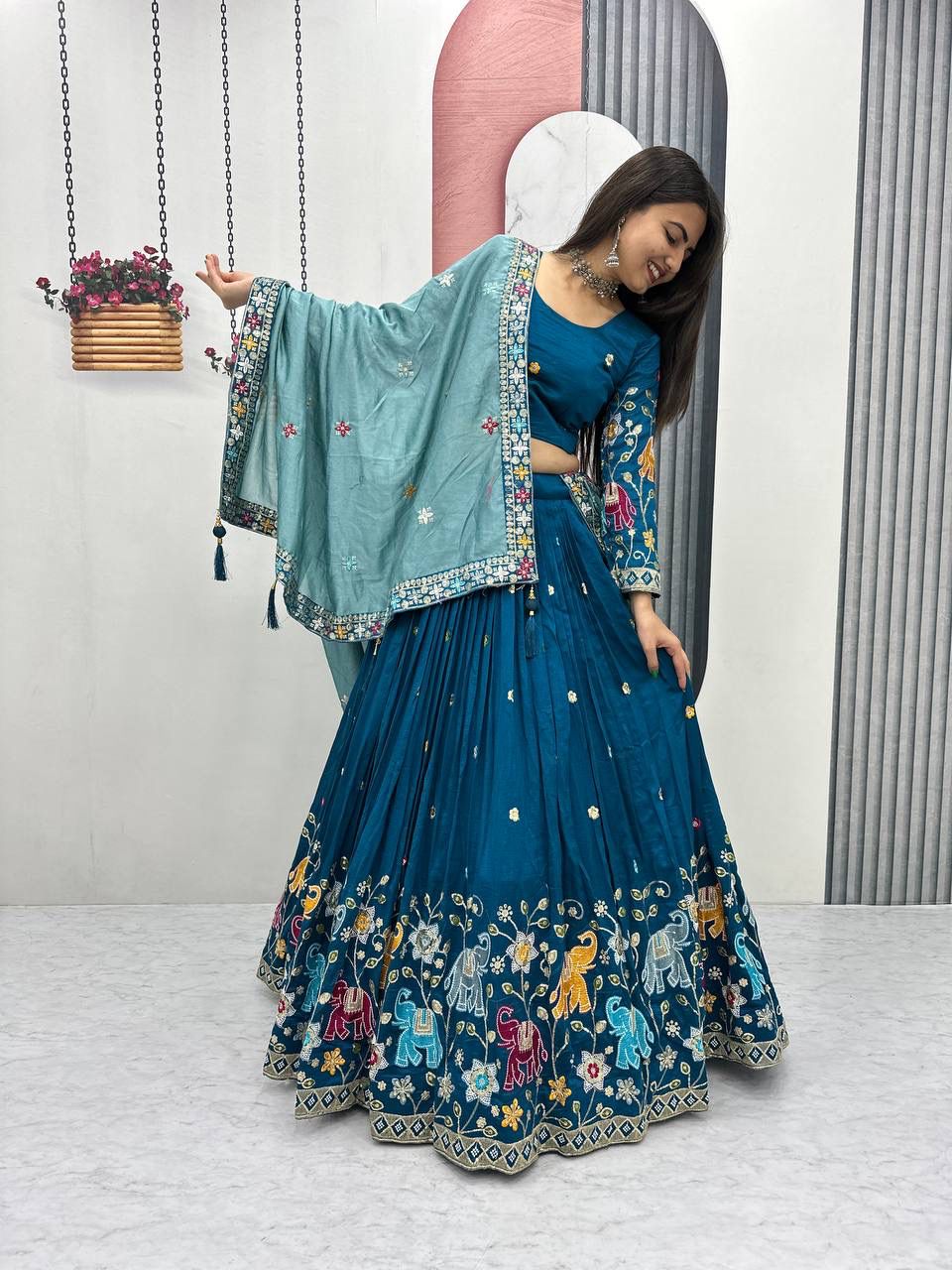 Peacock Blue Vichitra Silk Lace Border Work Lehenga Choli - Image 2