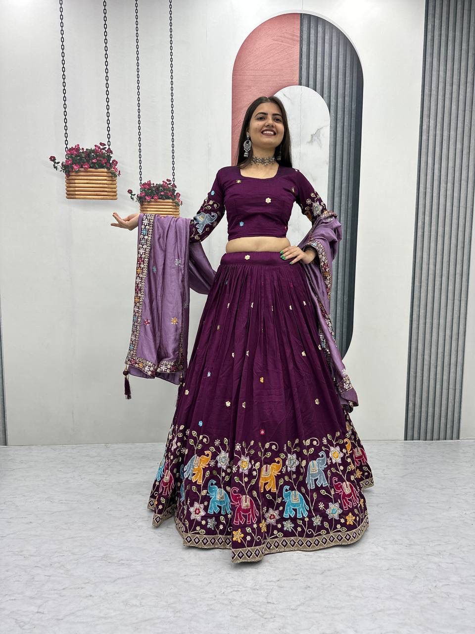 Wine Vichitra Silk Lace Border Work Lehenga Choli