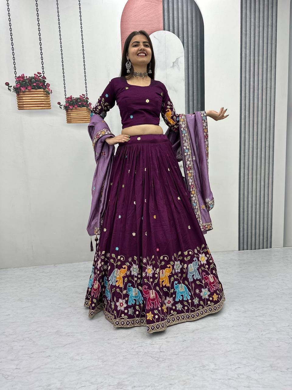 Wine Vichitra Silk Lace Border Work Lehenga Choli - Image 2