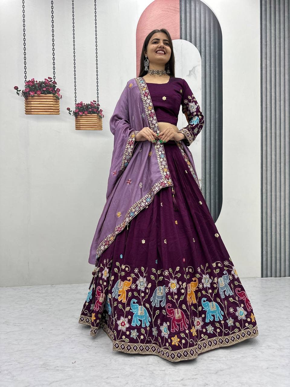 Wine Vichitra Silk Lace Border Work Lehenga Choli - Image 6