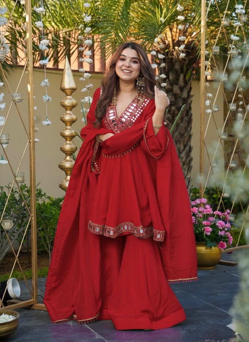 Red Cosmos Mirror Lace Work Salwar Suit