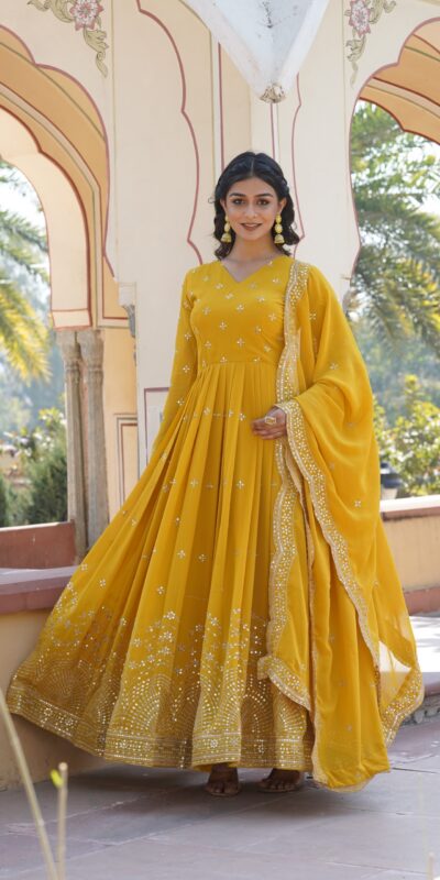 Yellow Faux Georgette Embroidery Zari Work Gown