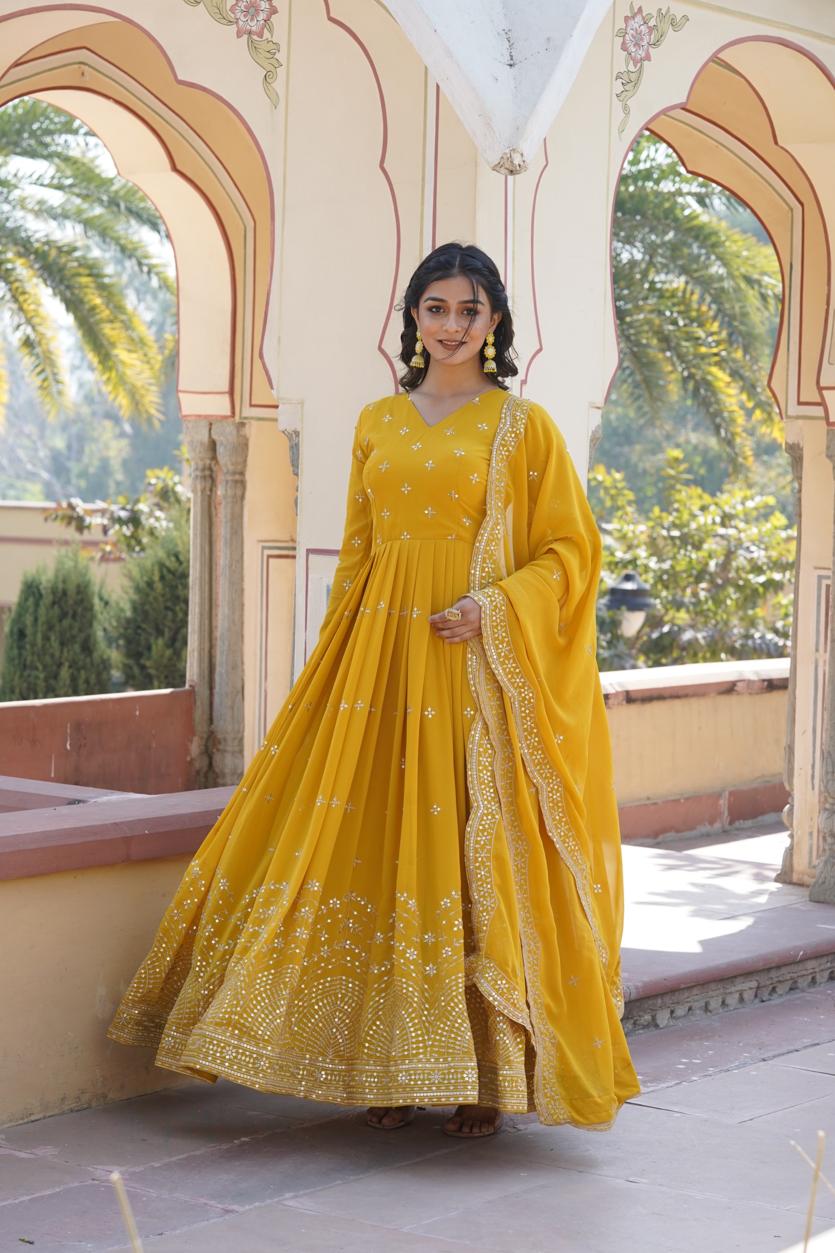 Yellow Faux Georgette Embroidery Zari Work Gown - Image 3