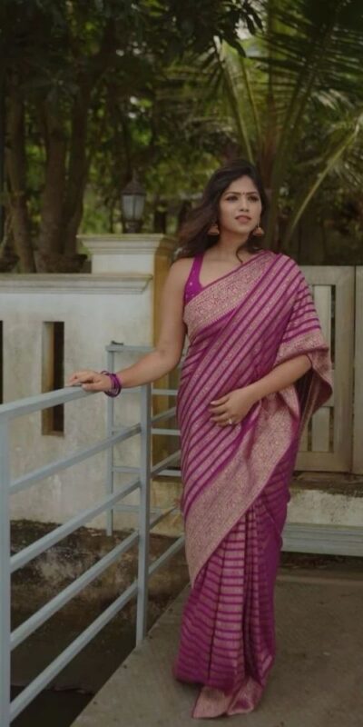 Light Purple Lichi Silk Lace Border Work Saree
