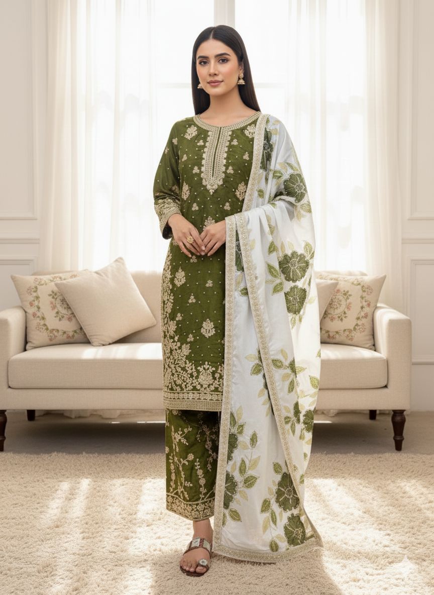 Mahendi Organza Silk Lace Embroidery Work Salwar Suit - Image 2